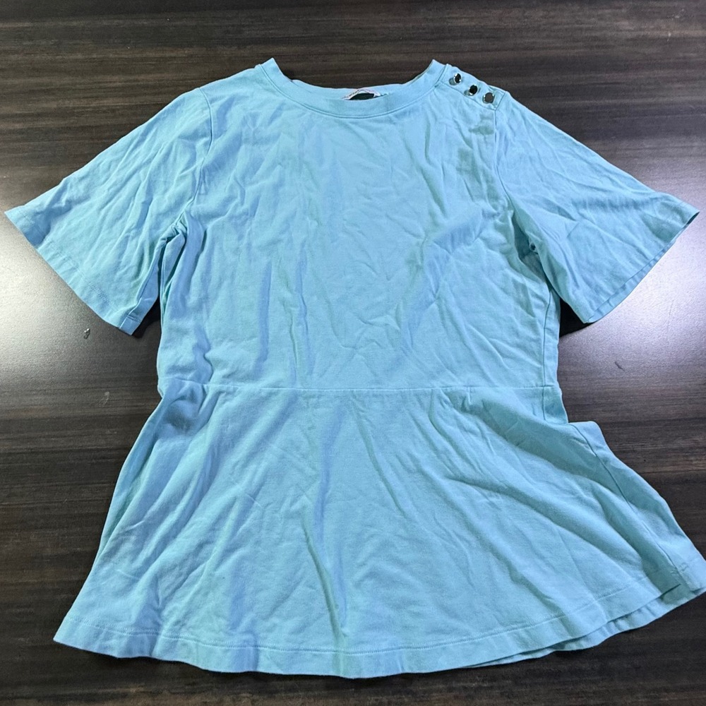 Isaac Mizrahi LIVE! Light Blue Top Peplum Shirt Short Sleeve Buttons Size M